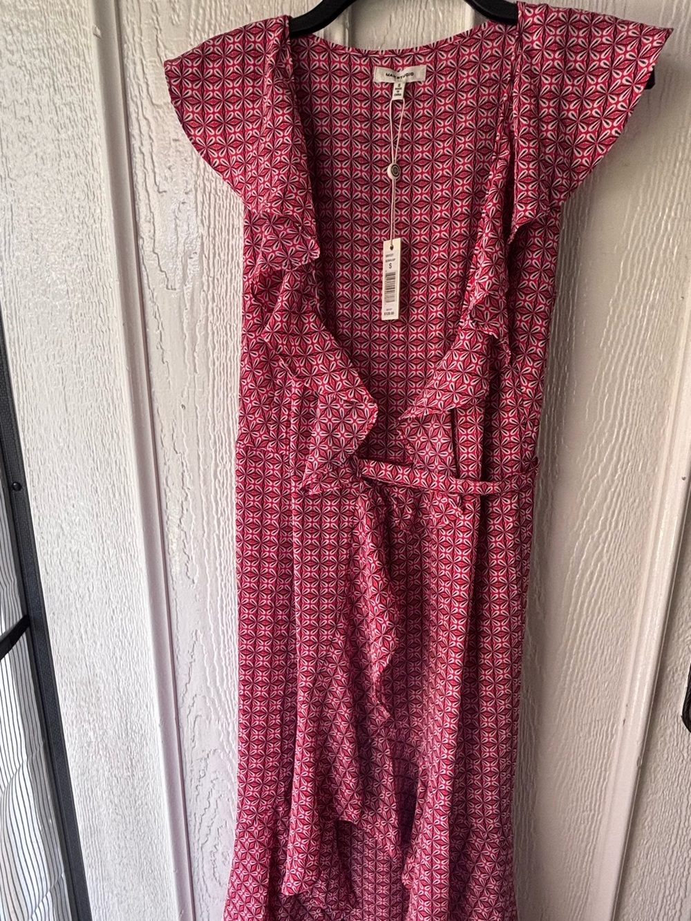 Max Studio Pink Geometric Ruffle Wrap Midi Dress